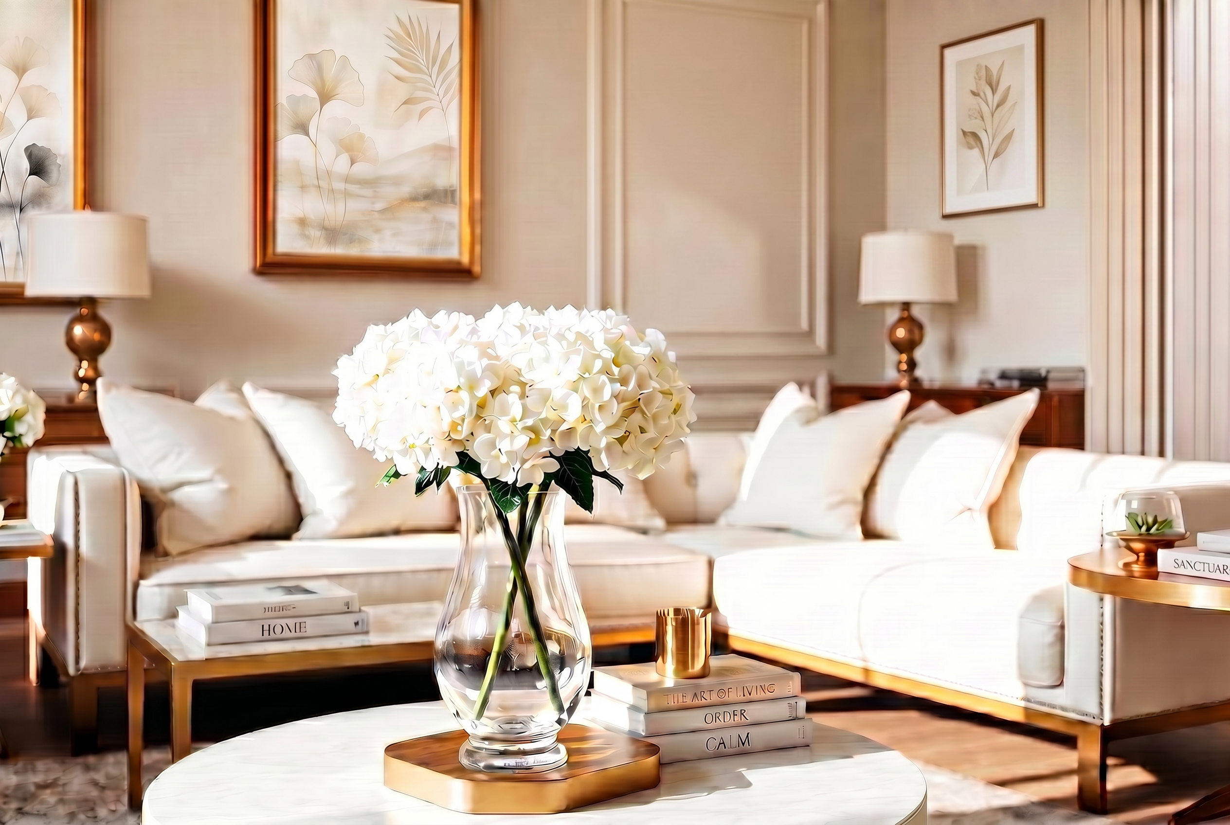 Luxury living room with fresh white hydrangeas on a marble table